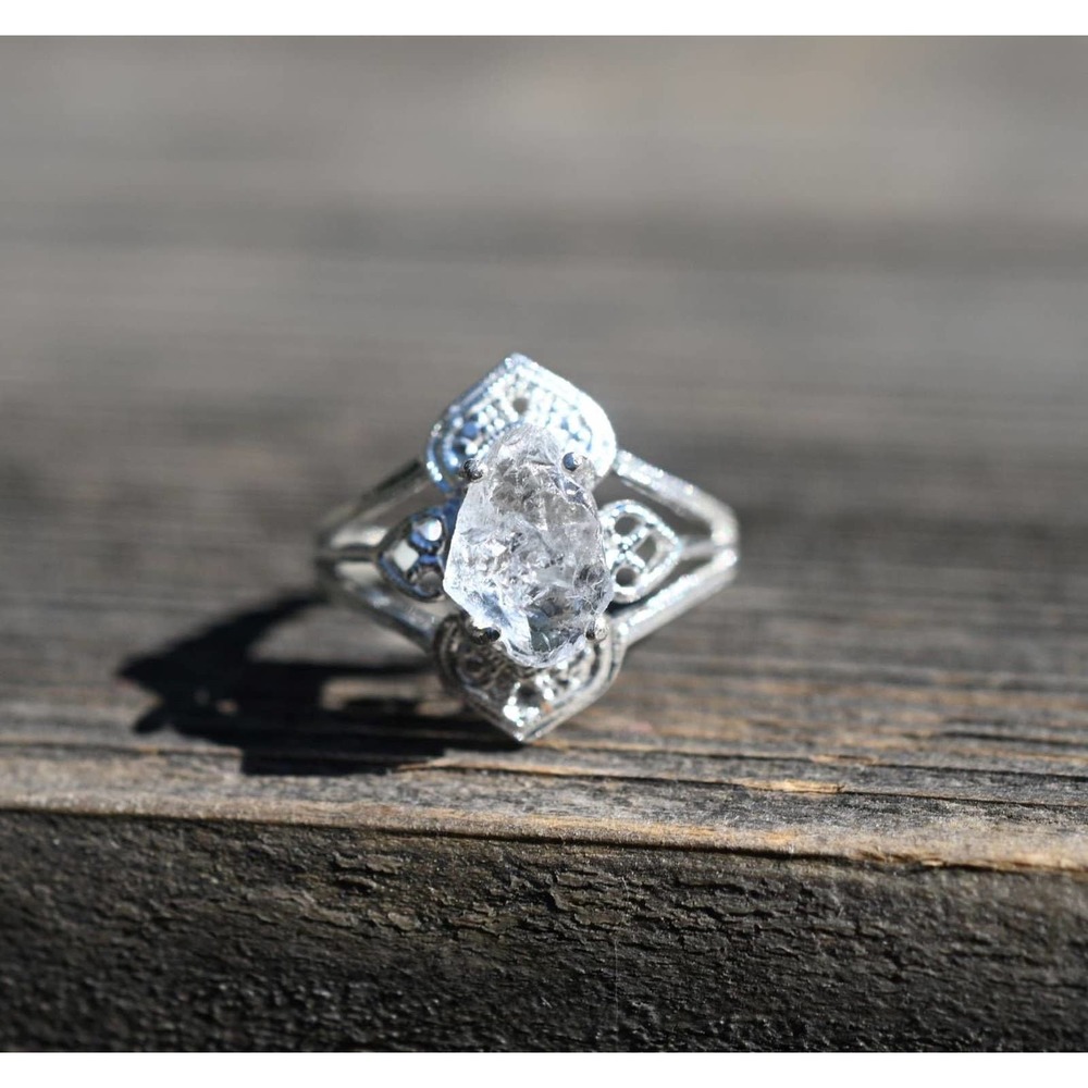 Art Deco Engagement Ring Raw Diamond Ring Sterling Silver Engagement Rin…